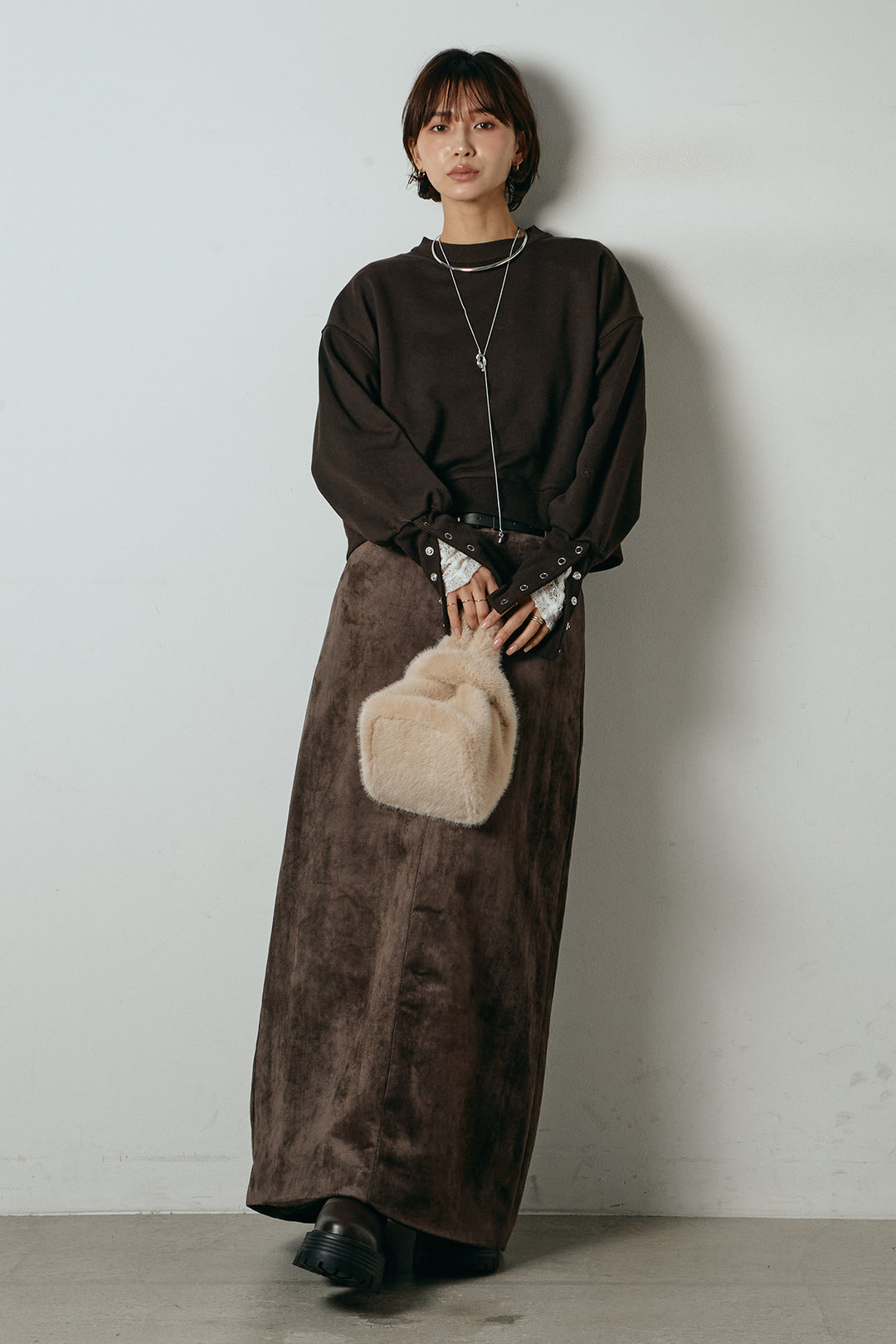 [SET]裏毛バックオープンプルオーバー+エコスウェードワイドスカート(2set)