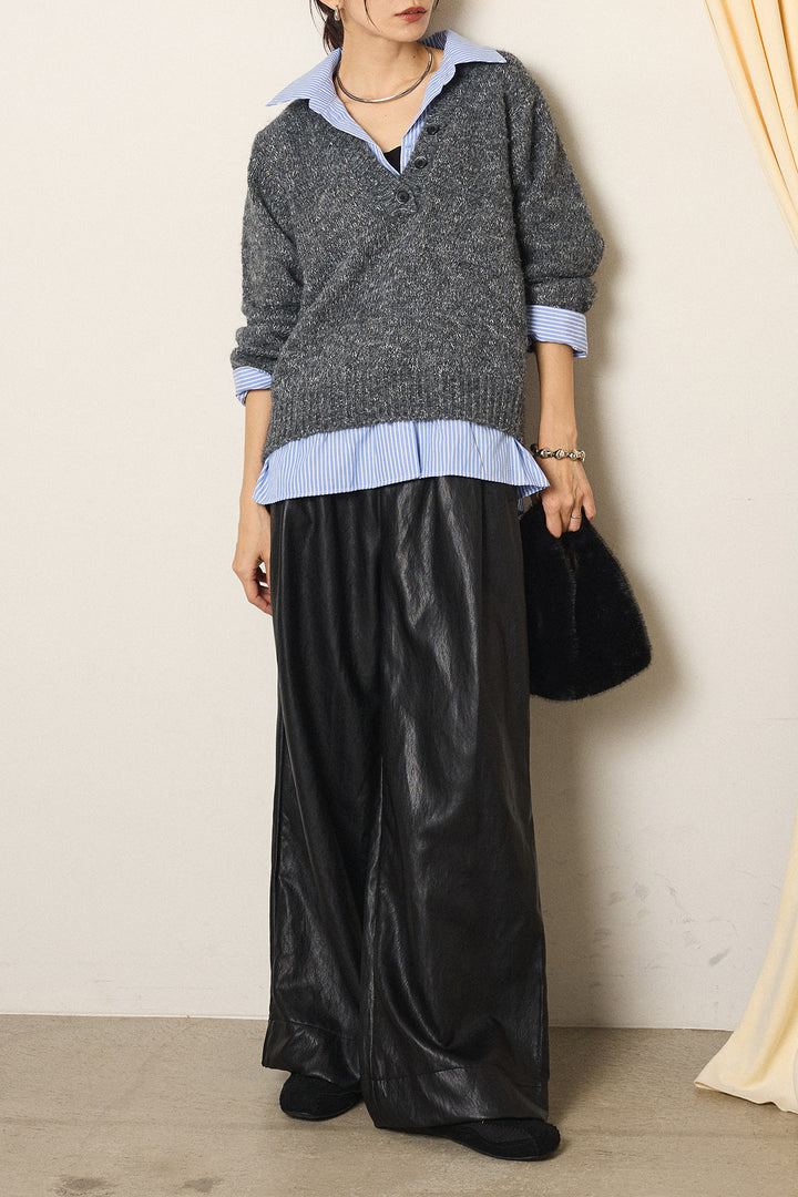 [SET]ストライプシャツドッキングニットポロトップス+ベルト付きレザーライクタックパンツ(2set)