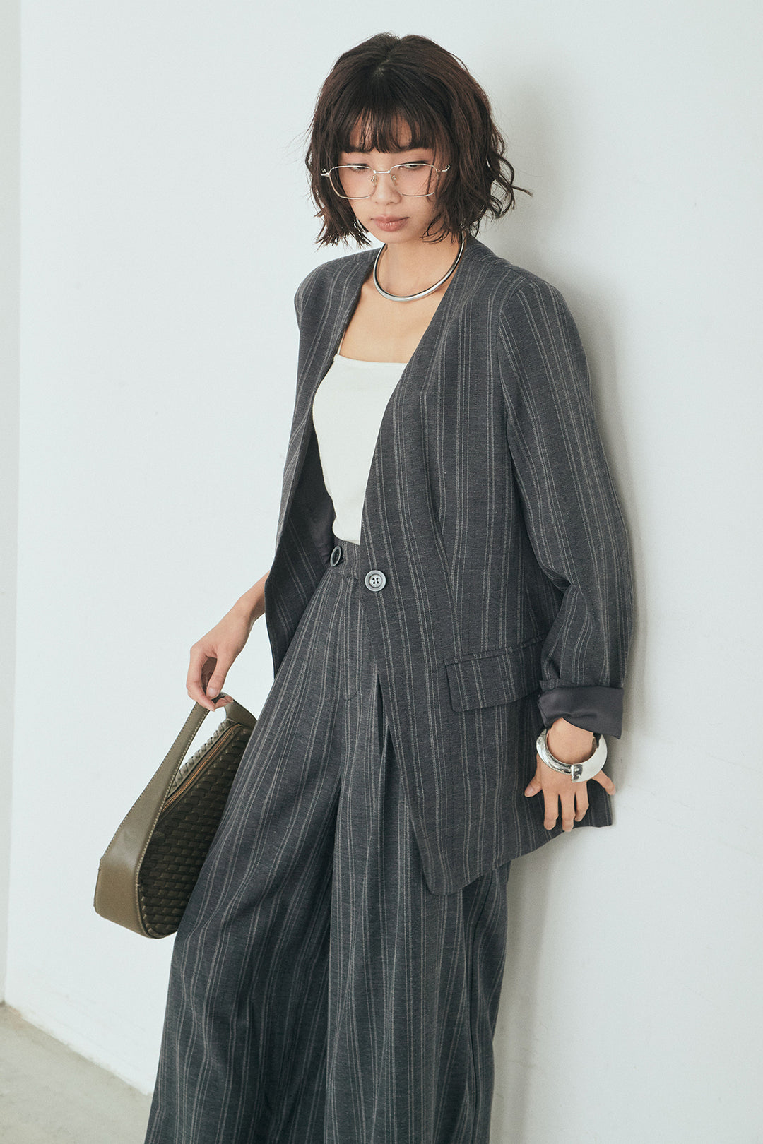 [SET]ノーカラーピンストライプジャケット+ピンストライプワイドスラックス(2set)