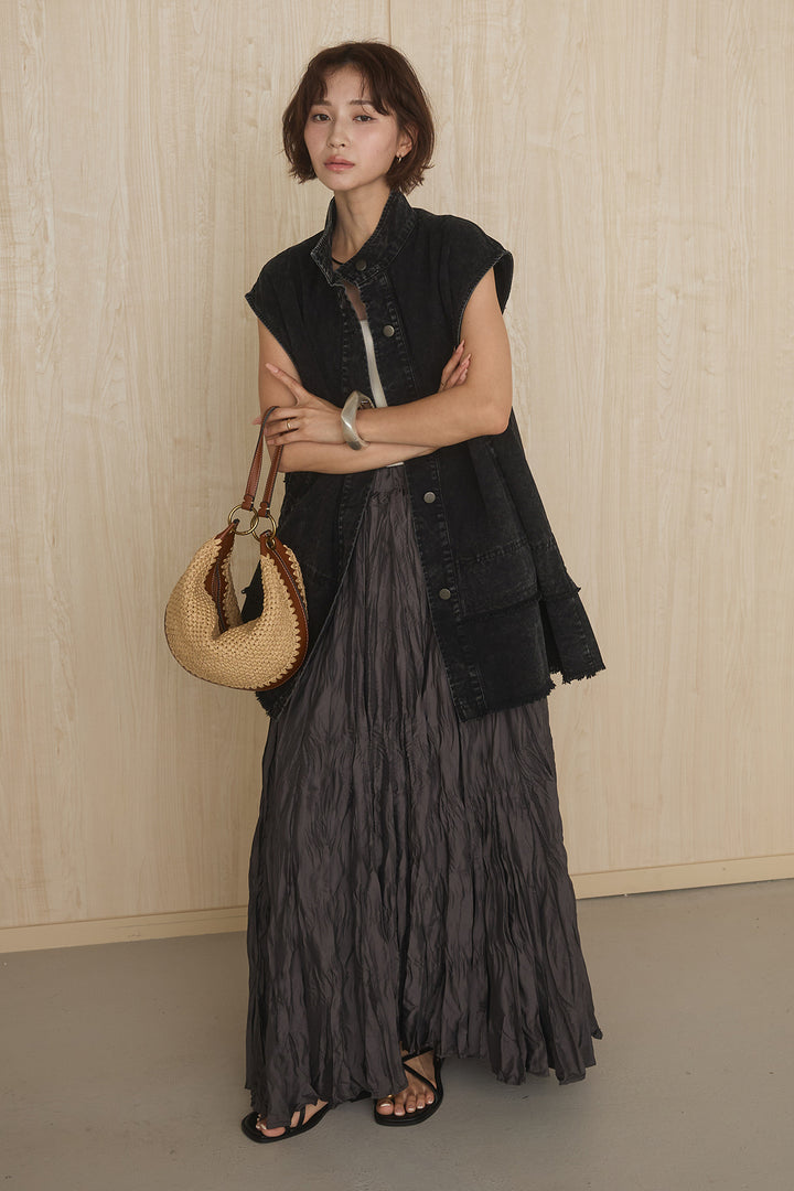 [SET]ケミカルデニムヘムカットオフジレ+イレギュラープリーツイージースカート(2set)