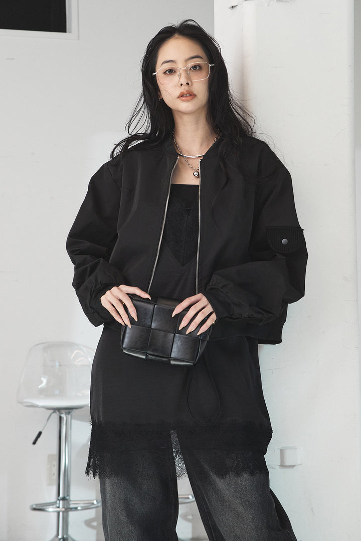 [SET]袖ギャザーデザインブルゾン+デニムアシメカーブパンツ(2set)