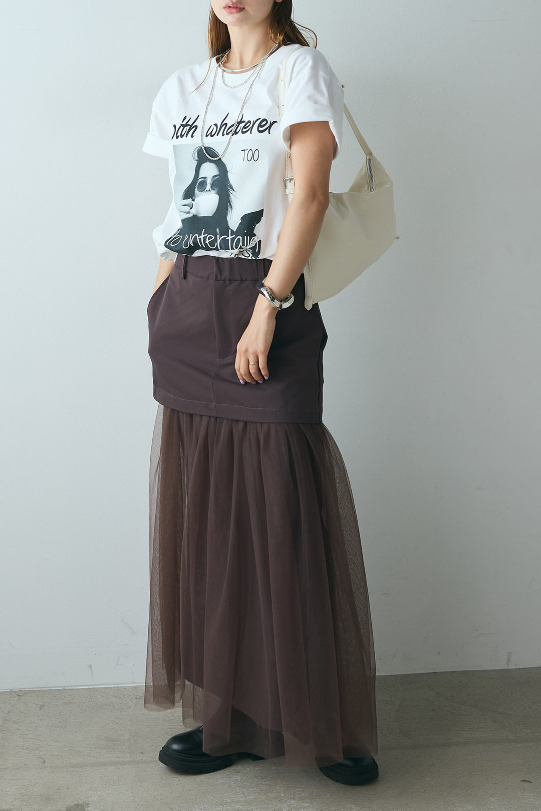 [SET]モノトーンフォトプリントTシャツ+切り替えデザインボリュームチュールスカート(2set)