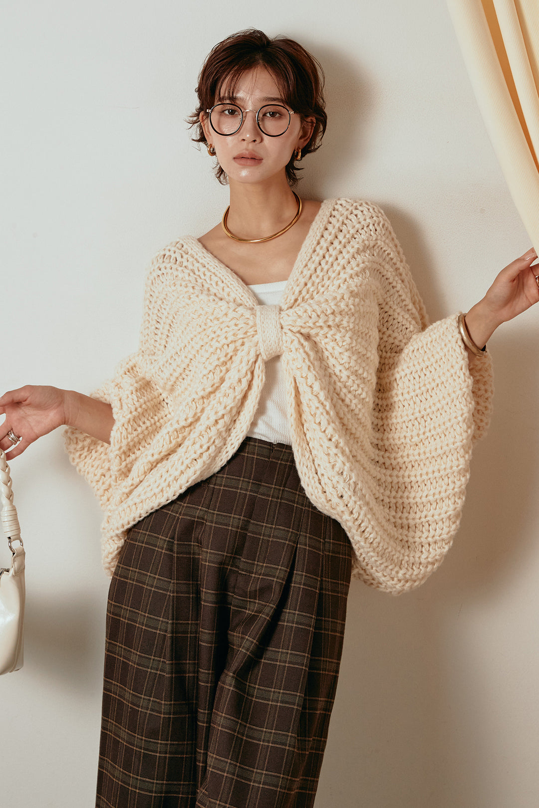 [SET]フロントツイストニット編みトップス+タータンチェック柄くすみワイドパンツ(2set)