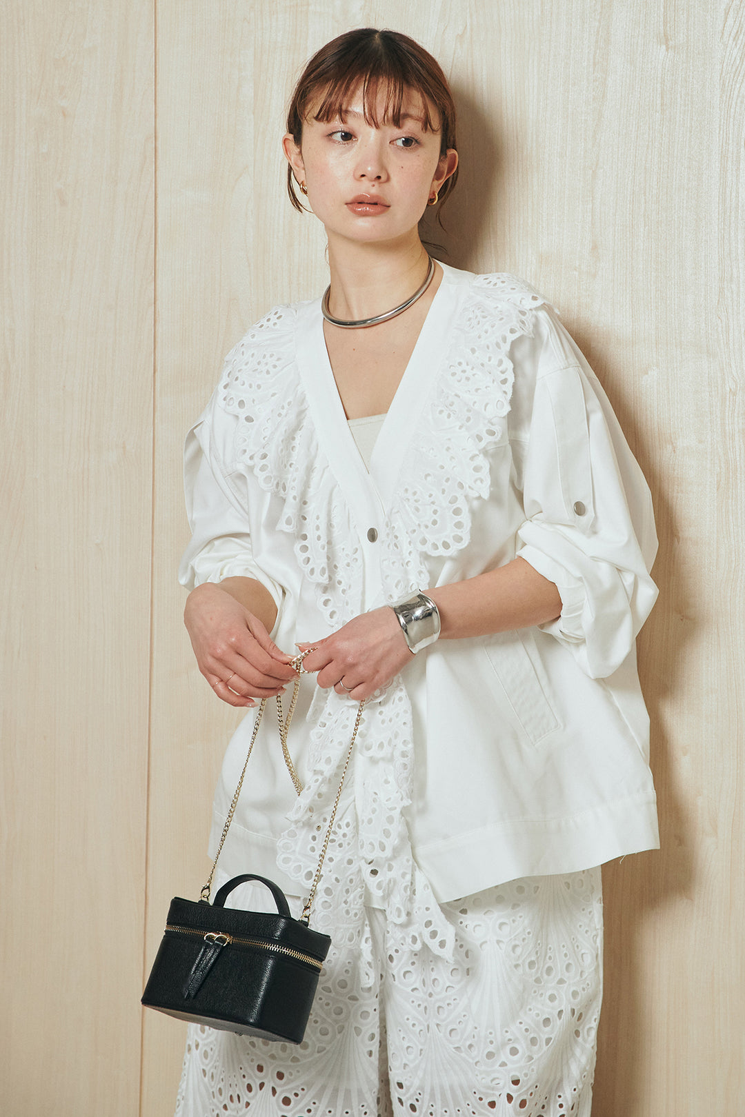 [SET]レースフリルドッキングアウター+レース刺繍リラックスパンツ(2set)