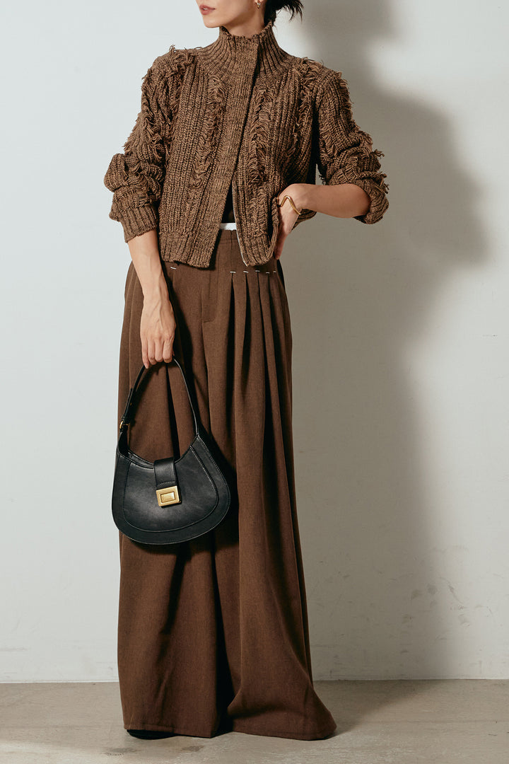 [SET]ハイネックフリンジジップニットトップス+ウエストステッチデザインワイドスラックス(2set)