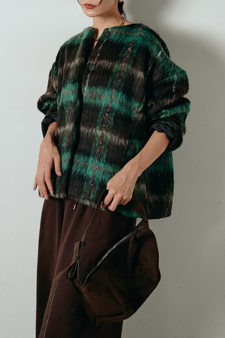 [SET]ノーカラーシャギーチェックアウター+裏起毛スウェットワイドパンツ(2set)