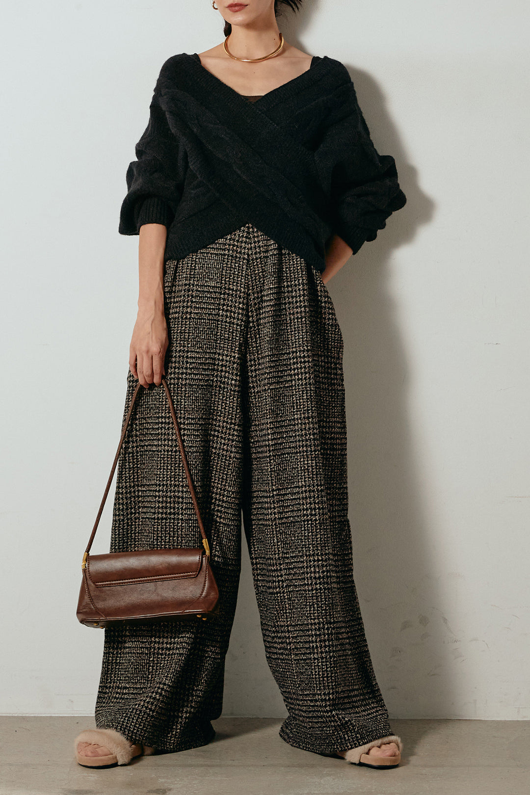 [SET]ケーブルカシュクールニットトップス+前後2wayグレンチェック柄スカーチョサロペット(2set)