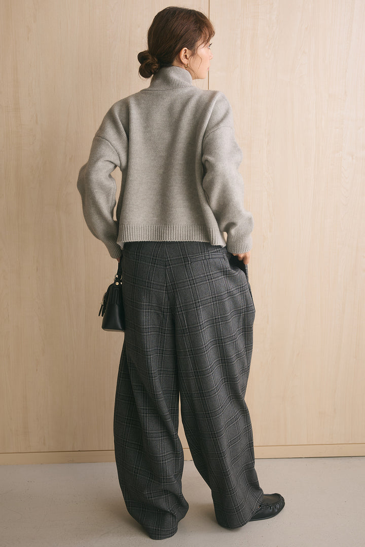 [SET]ナポレオンボタンハイネックニットブルゾン+ブリティッシュチェックバレルパンツ(2set)