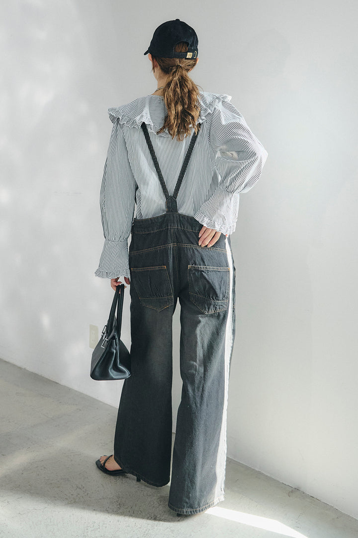 [SET]コットンフリルブラウス+デニムサロペットワイドパンツ(2set)