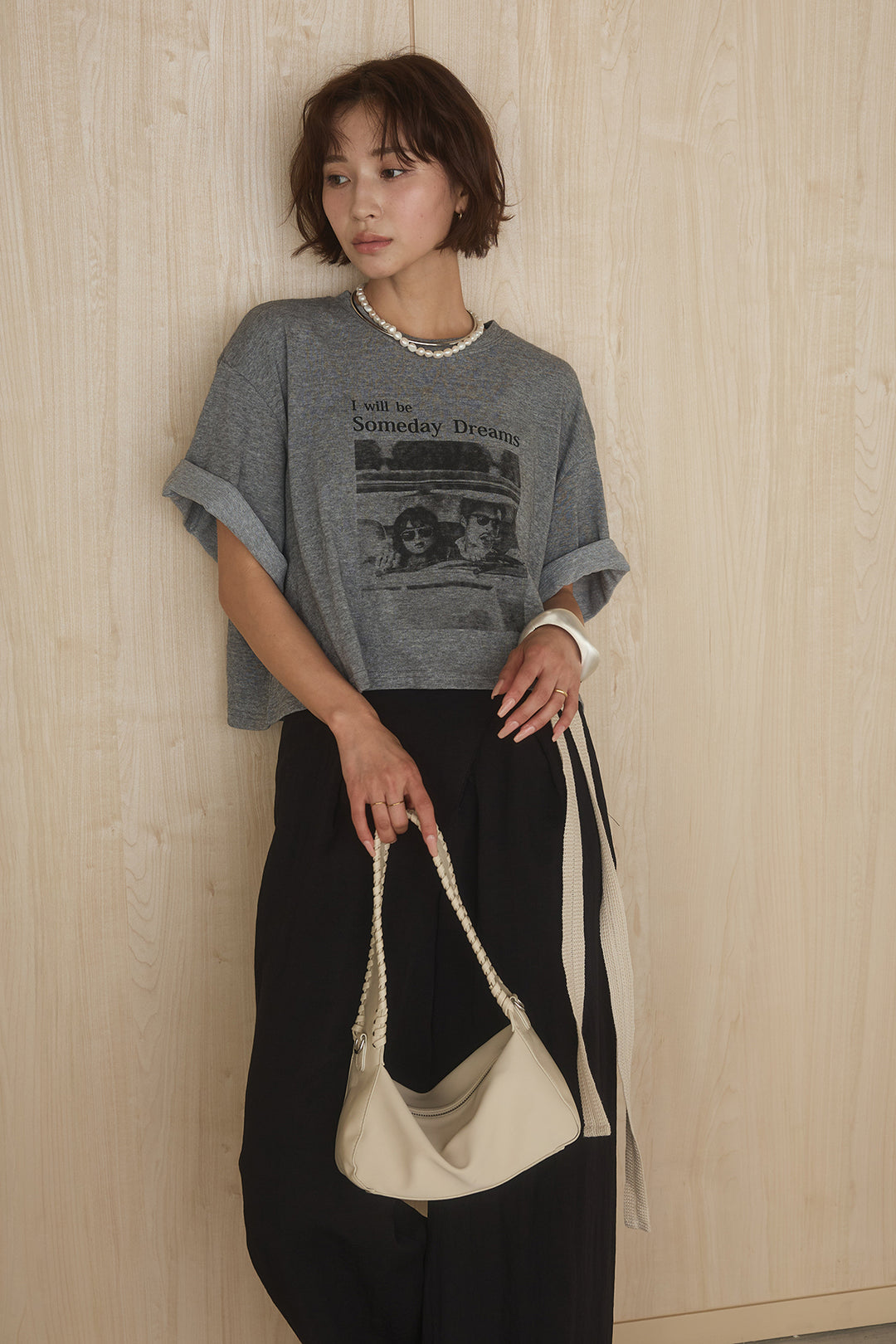 [SET]グラフィックサムデイワイドクロップドT+異素材ベルト付きラップ風ニュアンスワイドパンツ(2set)