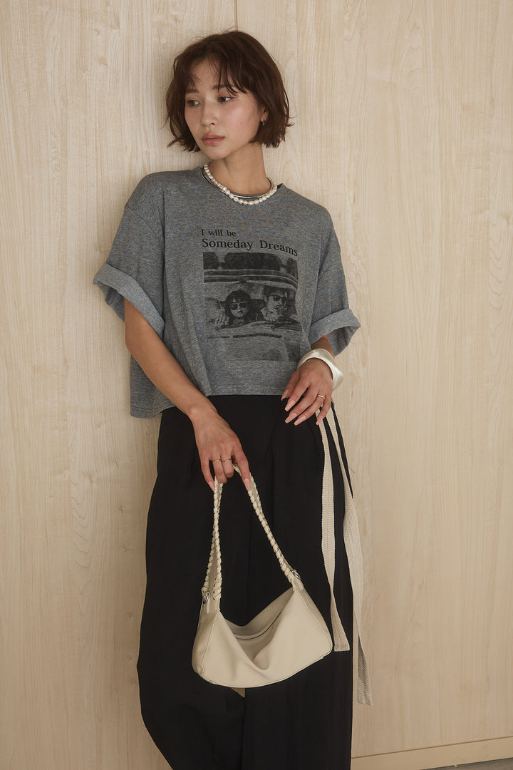 [SET]グラフィックサムデイワイドクロップドT+異素材ベルト付きラップ風ニュアンスワイドパンツ(2set)