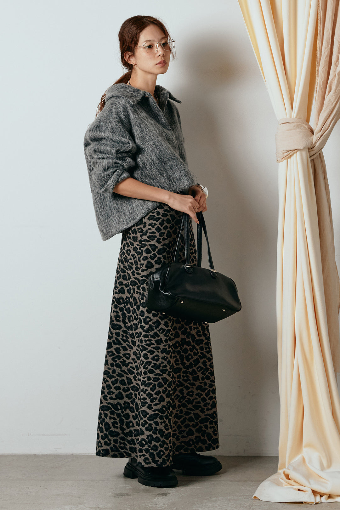 [SET]シャギーショートジャケット+レオパードロングスカート(2set)