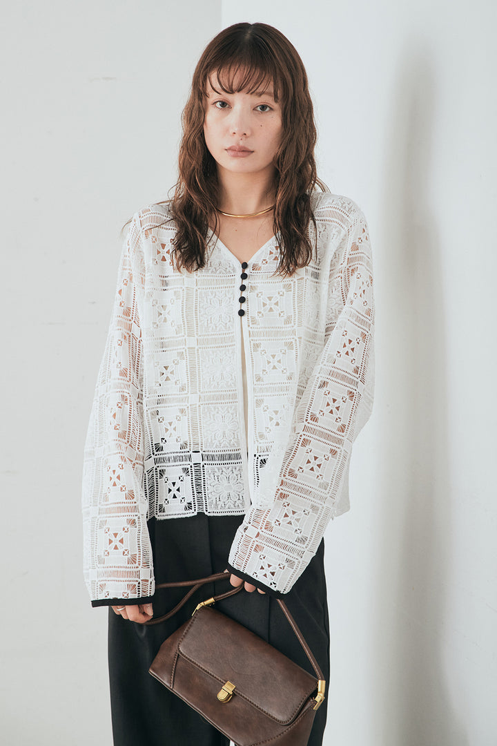 [SET]クロシェレースカーディガン+センタープレスセミワイドパンツ(2set)