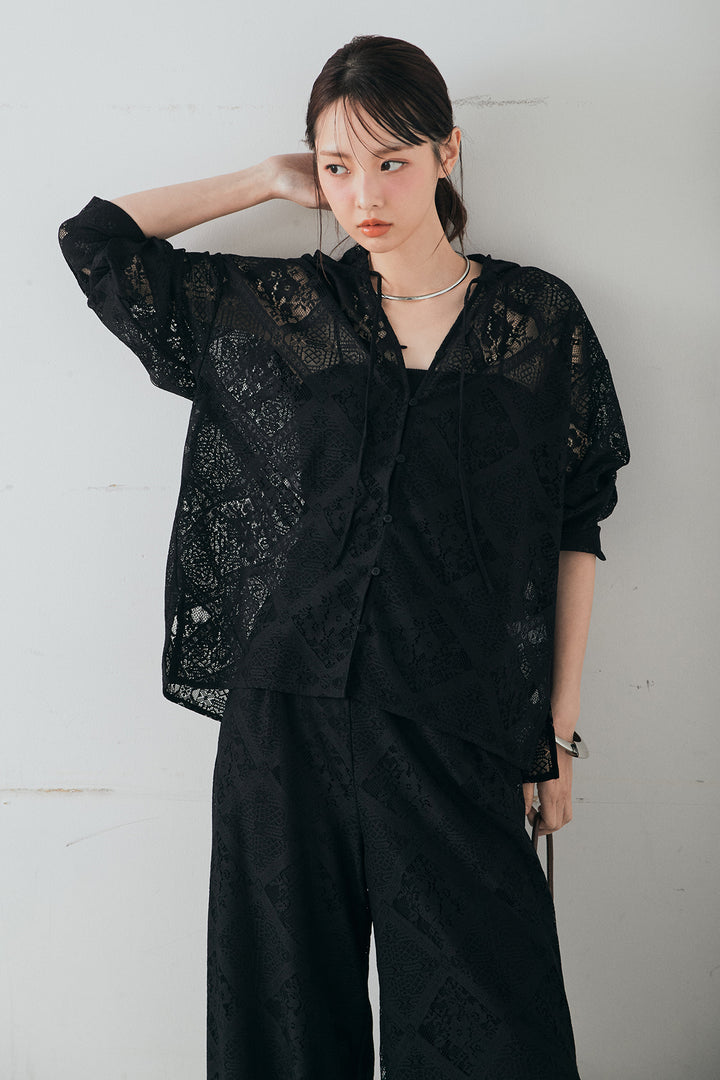 [SET]ブロックレースフード付きブラウス+リラックスブロックレースワイドパンツ(2set)