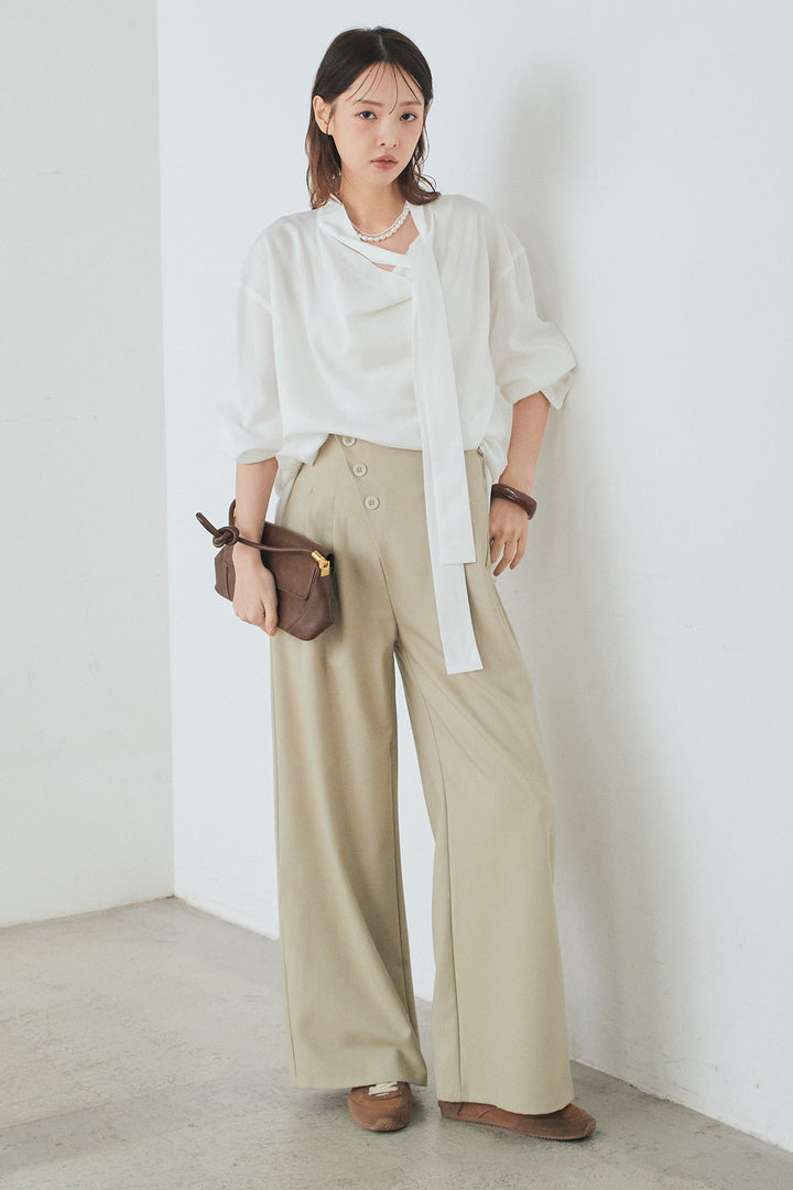 [SET]ニュアンスボータイブラウス+斜めボタンタック入りスラックス(2set)