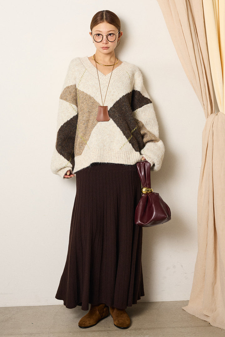 【着回しセット】[SET]ルーズアーガイルVネックニット+編み地切り替えフレアニットスカート+編み地切り替えフレアニットスカート(3set)