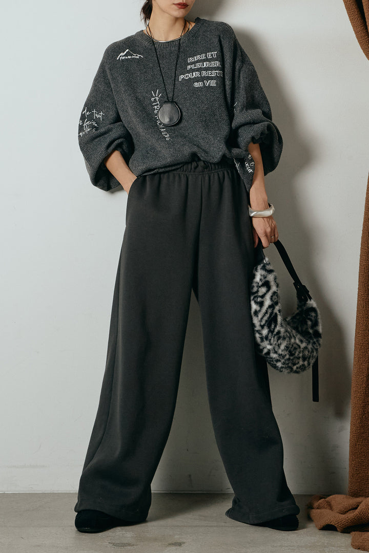 [SET]刺繍ロゴランダムデザインニットトップス+裏起毛スウェットワイドパンツ(2set)