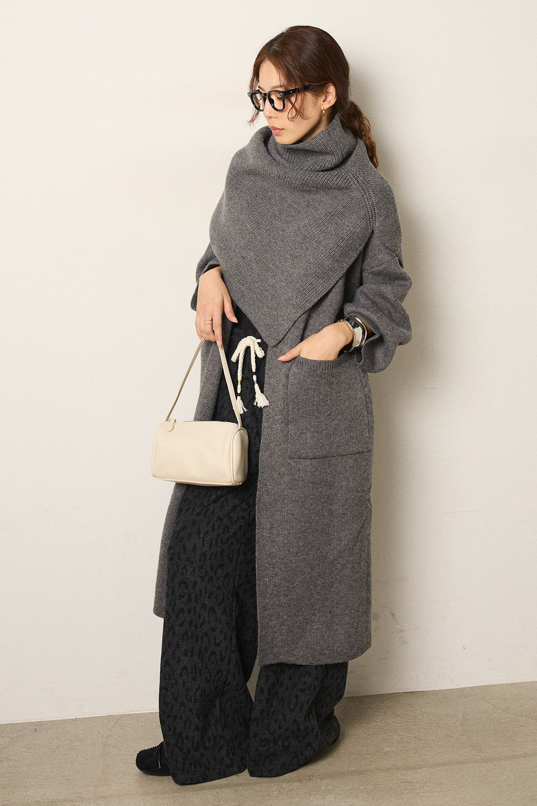 [SET]ケープレイヤードロングカーディガン+レオパードジャガードニットパンツ(2set)