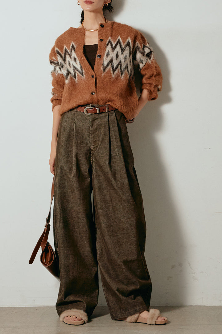 [SET]起毛ノルディック柄ニットカーディガン+フロントタック入りコーデュロイパンツ(2set)