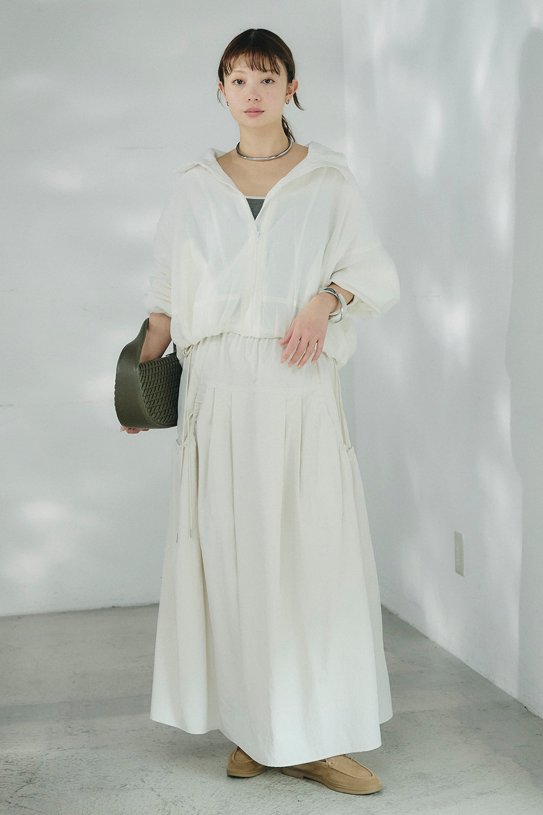 [SET]スタンドネックシアーブルゾン+ナイロンデザインフレアスカート(2set)