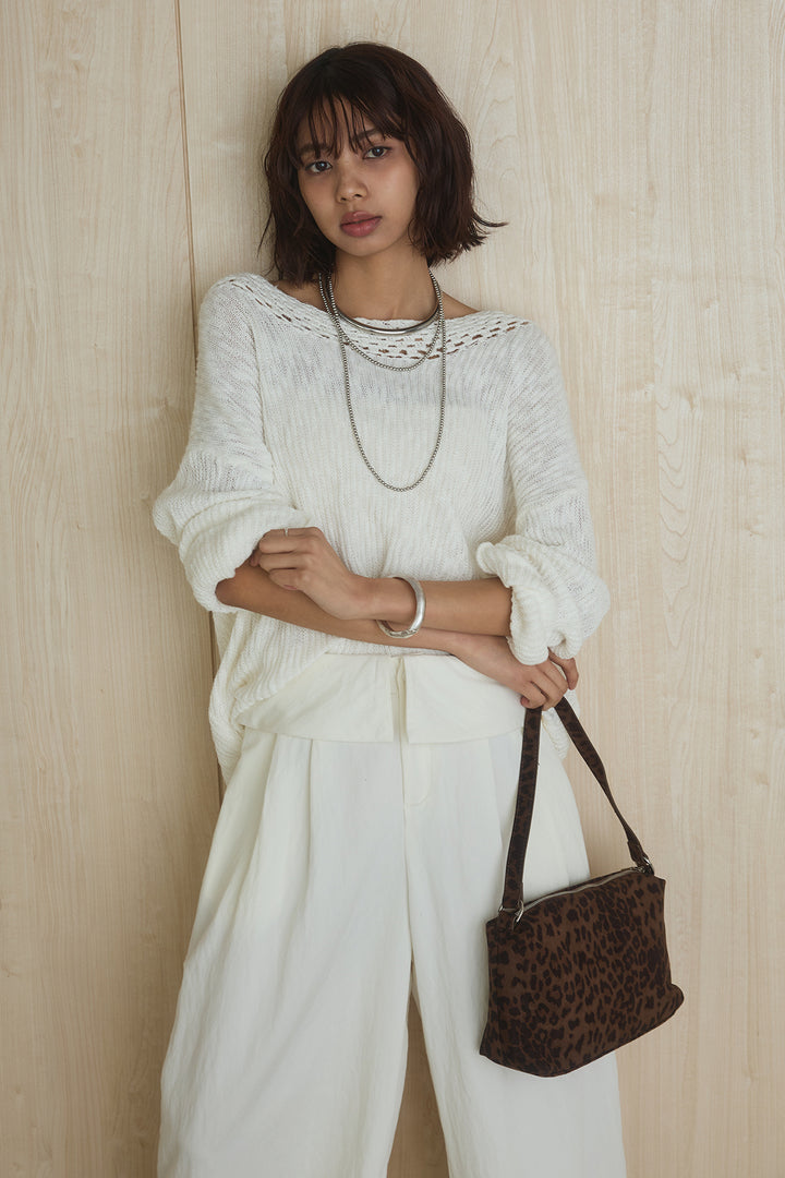 [SET]ネック編みデザインニットトップス+ウエスト折り返しワイドパンツ(2set)