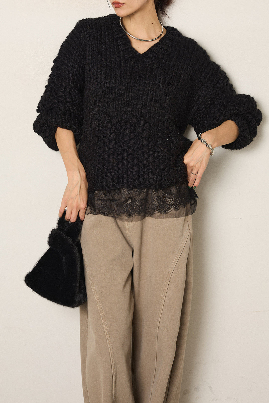 [SET]Vネックハンド編みニットトップス+ベルト付きカジュアルカーブワイドパンツ+レース切り替えキャミソール(3set)