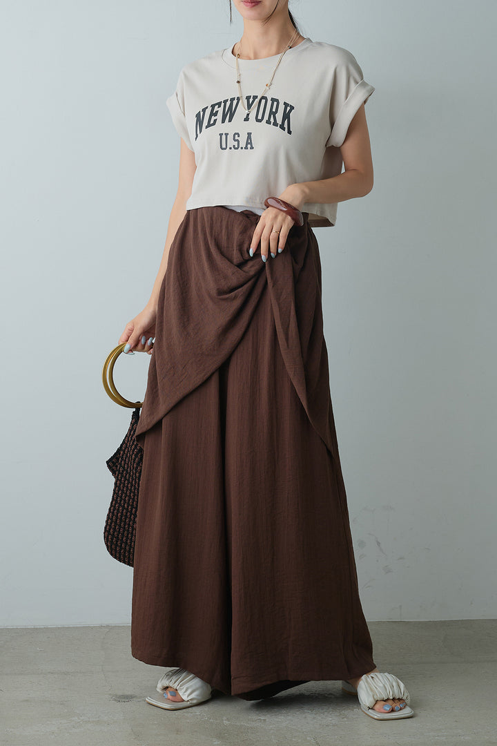 [SET]ショート丈NEWYORKロゴTシャツ+ねじりデザインワイドパンツ(2set)