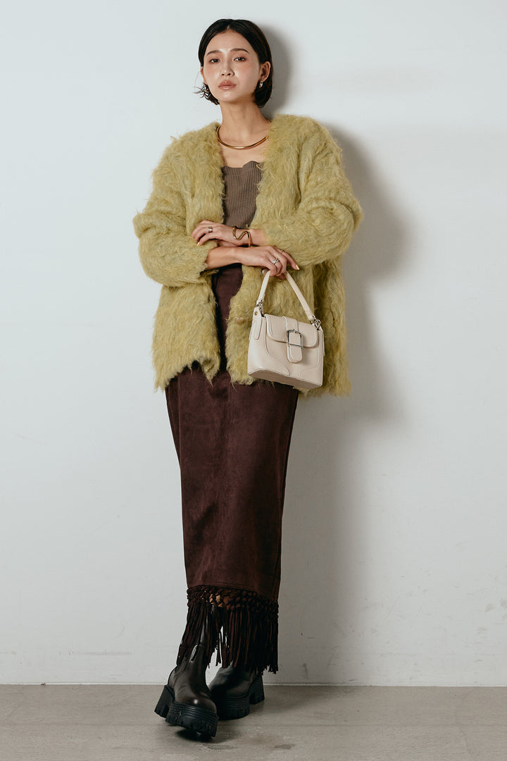 [SET]ウェーブシャギーニットジャケット+スウェードライク裾フリンジスカート(2set)