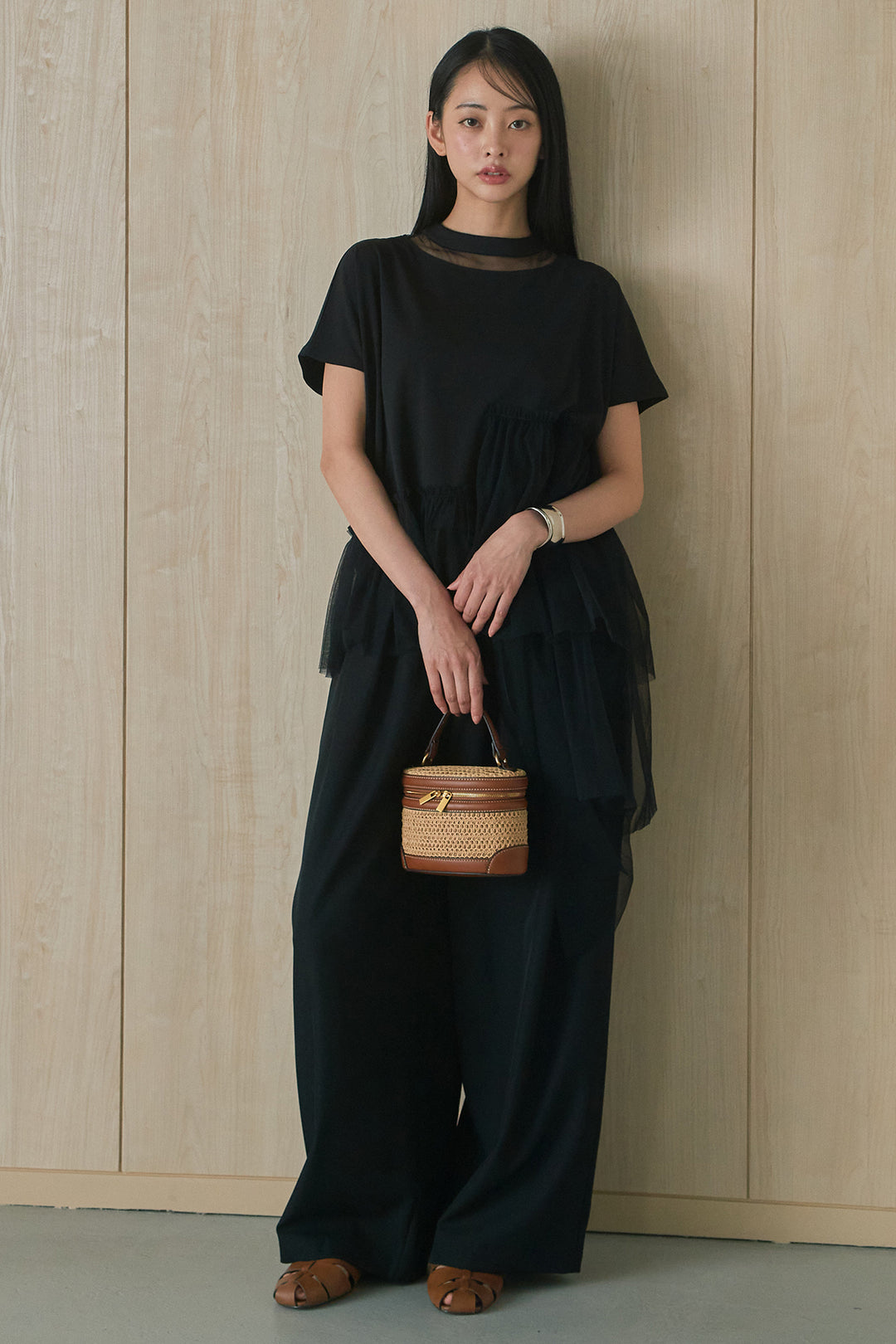 [SET]アシンメトリーチュールフリルTシャツ+ウエストデザインタックワイドパンツ(2set)