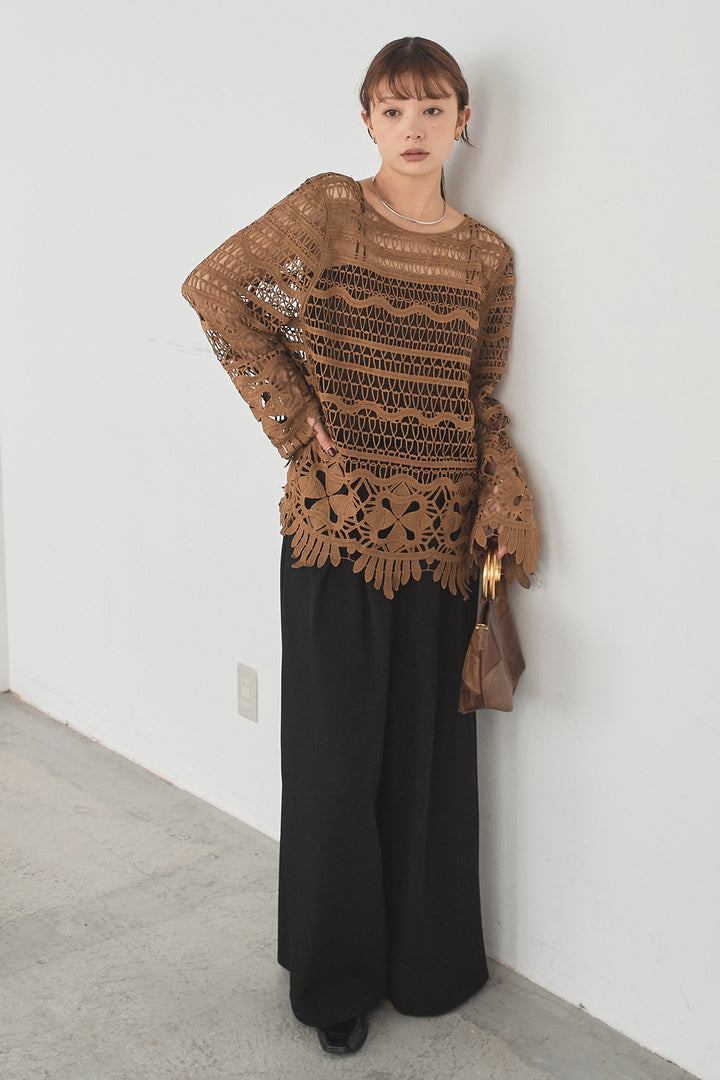 [SET]裾デザインメッシュプルオーバー+ベルト付きツータックワイドパンツ(2set)