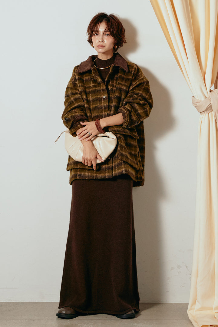 [SET]チェックシャギーミドルカバーオール+ノースリーブニットロングワンピース(2set)