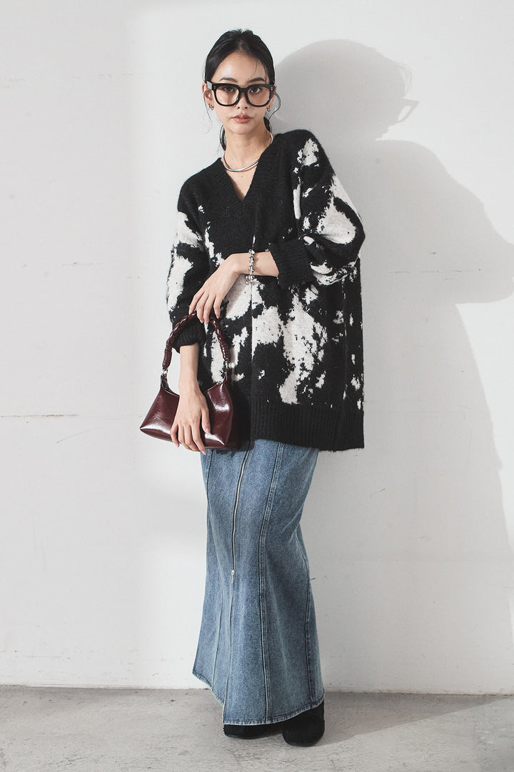 [SET]アブストラクト柄ニットプルオーバー+フロントジップデニムスカート(2set)