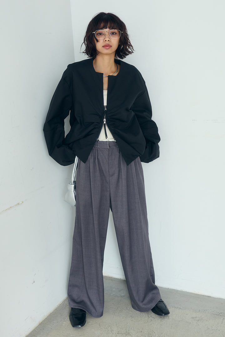 [SET]ノーカラーフロントギャザージップアウター+ツイルメニータックパンツ(2set)