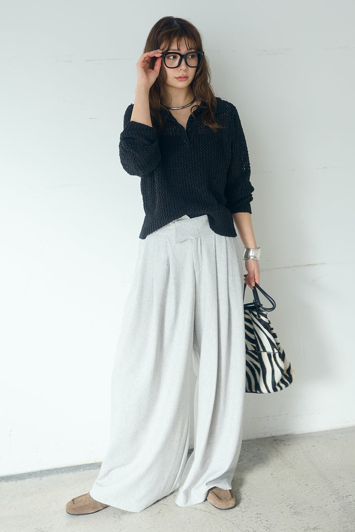 [SET]ミックスメッシュポロニット+麻混タックワイドパンツ(2set)