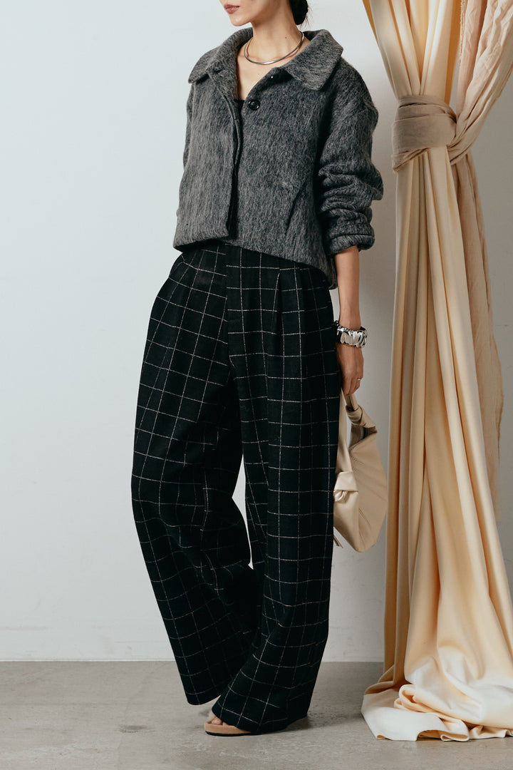 [SET]シャギーショートジャケット+スクエアチェック柄ワイドパンツ(2set)