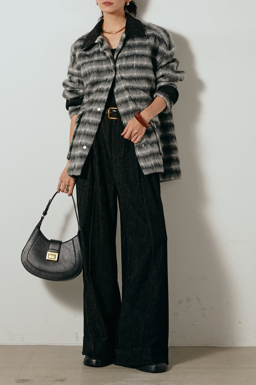 [SET]チェックシャギーミドルカバーオール+フェイクレザーベルト付きスウェードライクワイドパンツ(2set)