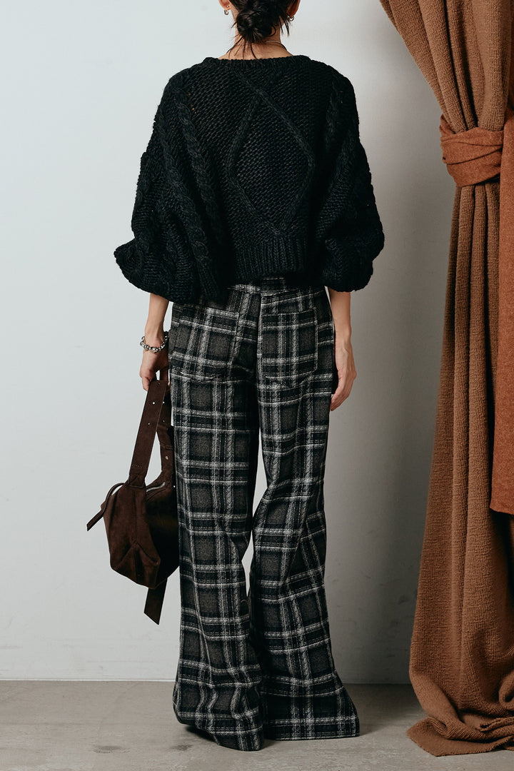 [SET]ロービングケーブルショート丈プルオーバー+ルーズタータンチェックワイドパンツ(2set)