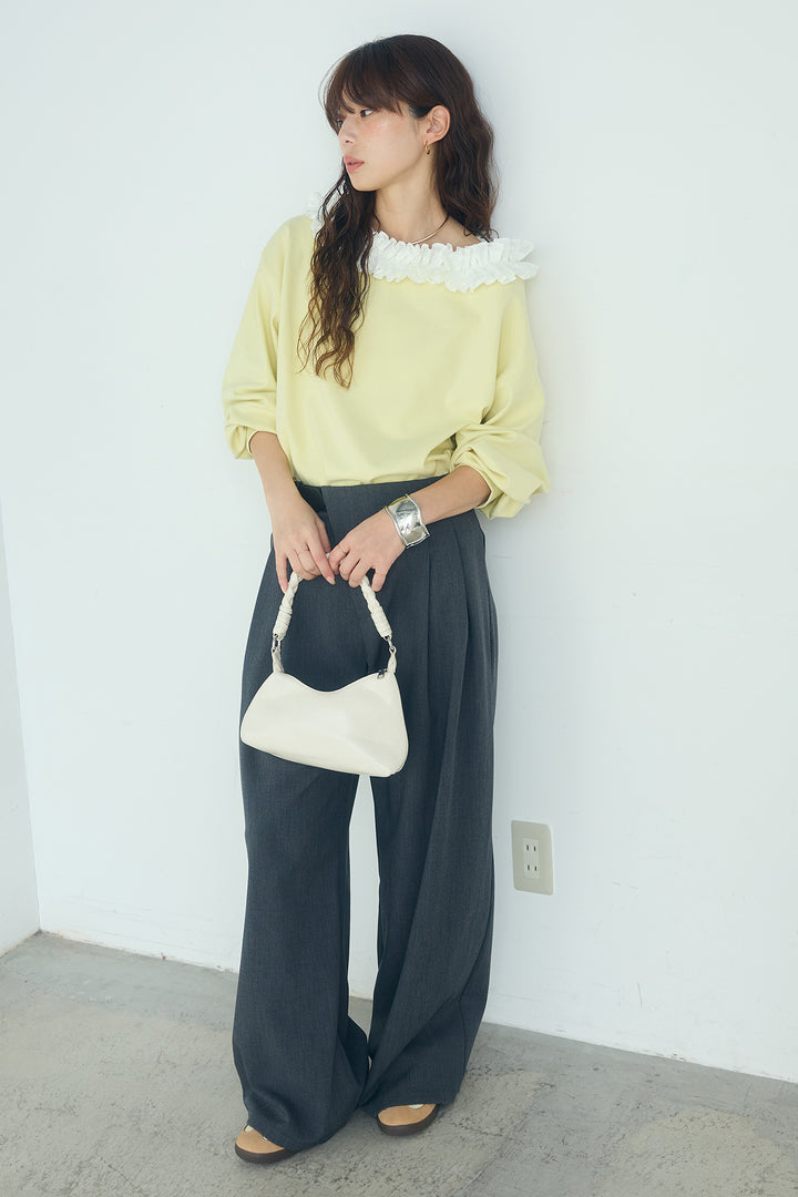 [SET]ネックギャザーフリルスウェット+サイドベルトタック入りスラックス(2set)