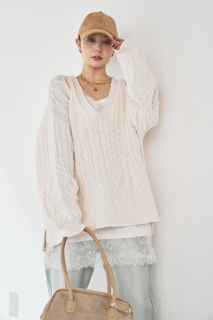 [SET]ケーブルVニットセーター+デニムサイドカットパンツ(2set)