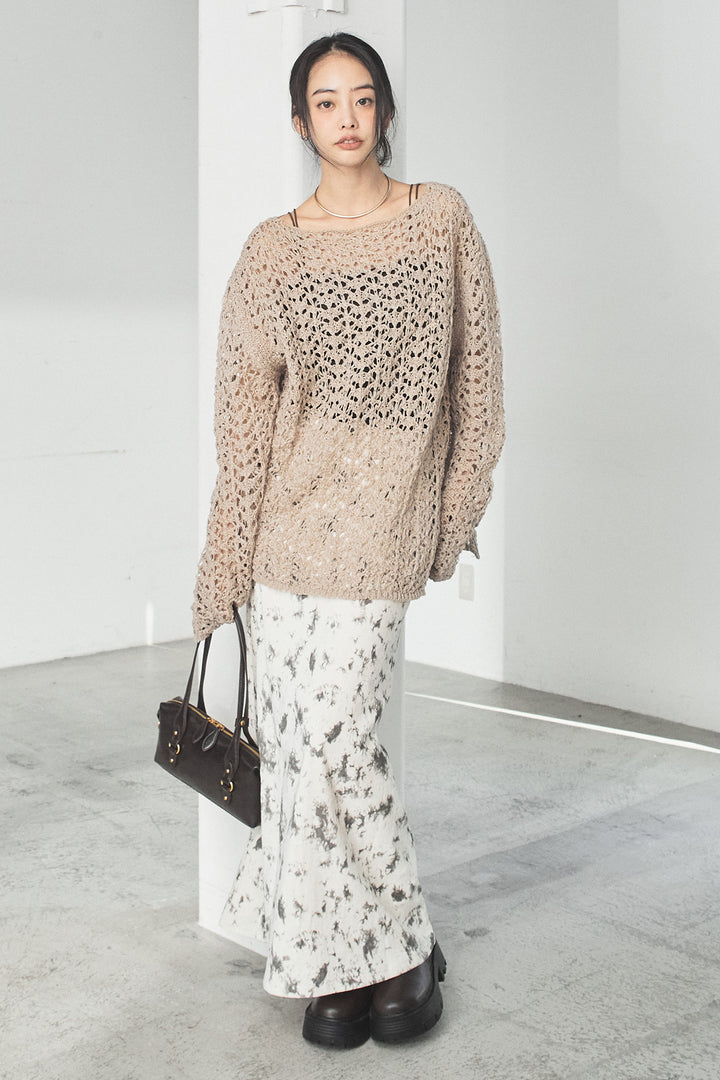 [SET]リラックスメッシュニットトップス+タイダイ柄ベロアワイドスカート(2set)