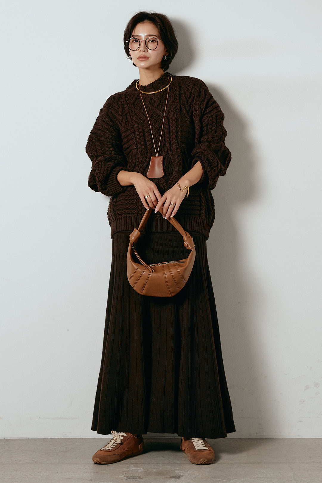 [SET]アラン柄ミックスケーブルニット+編み地切り替えフレアニットスカート(2set)