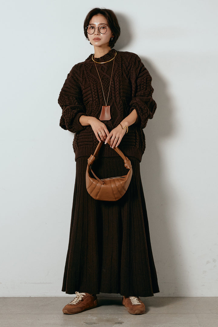 [SET]アラン柄ミックスケーブルニット+編み地切り替えフレアニットスカート(2set)