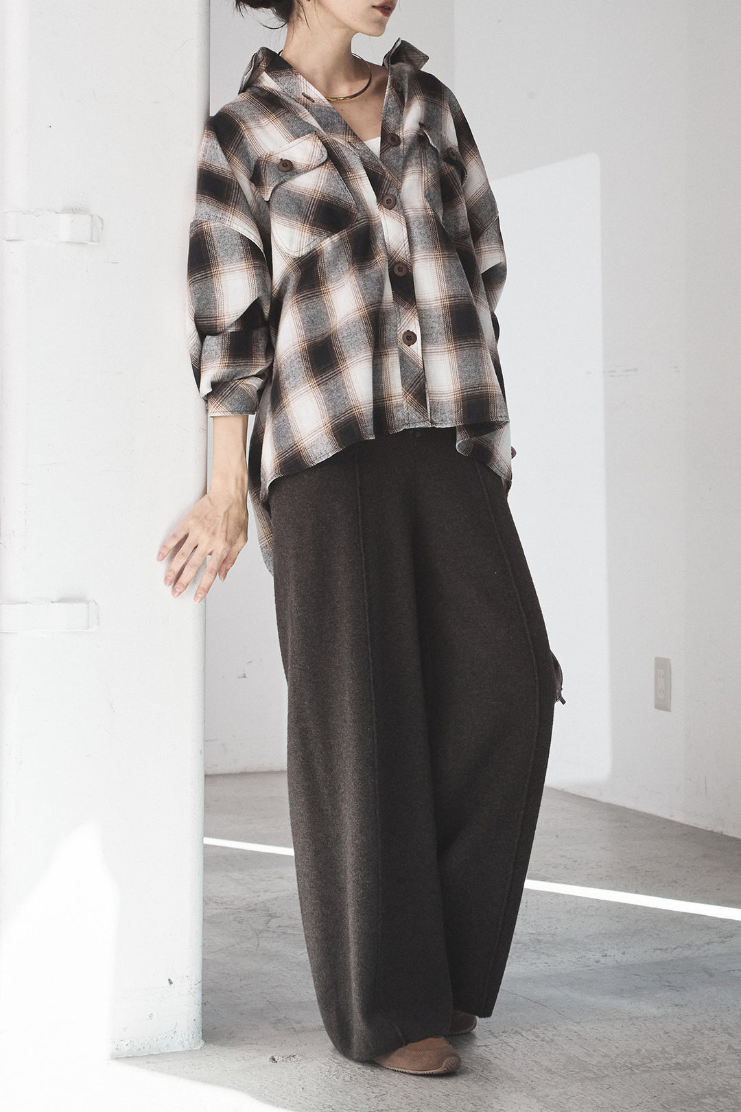 [SET]オンブレーチェックビッグシルエットCPOシャツ+センターラインニットパンツ(2set)