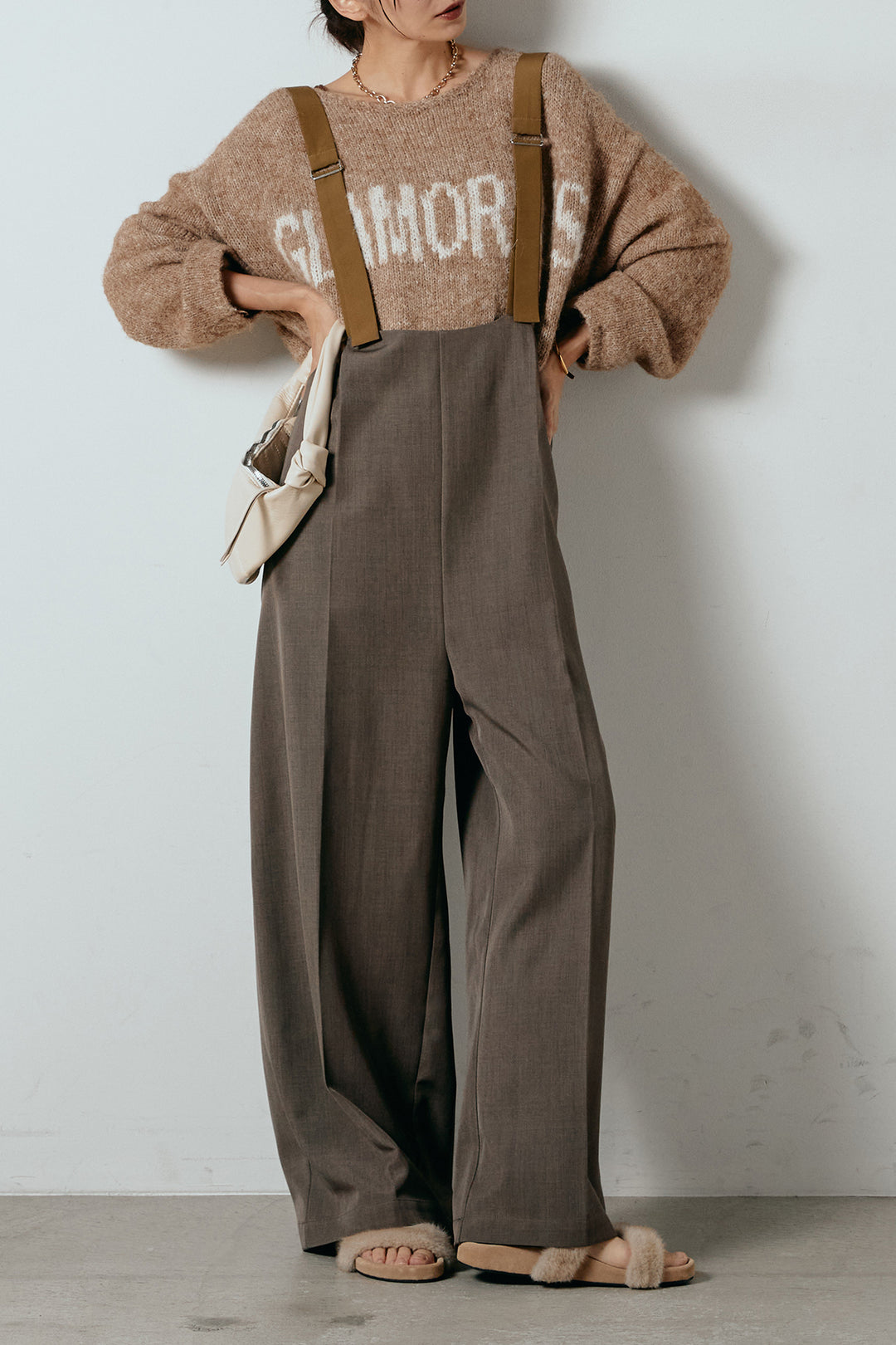 [SET]フロントロゴデザインニットトップス+ワイドツイルサロペット(2set)