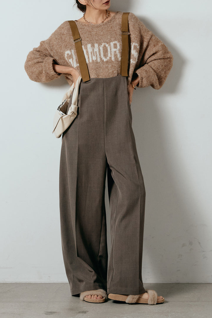 [SET]フロントロゴデザインニットトップス+ワイドツイルサロペット(2set)