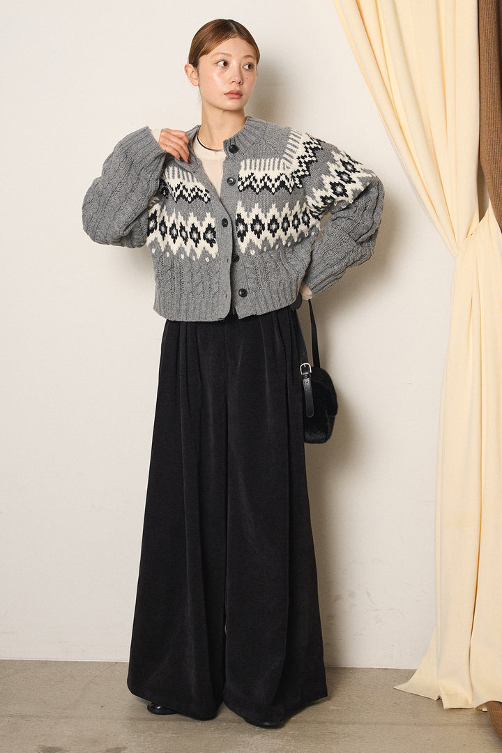 [SET]2WAY求心柄ジャガードショートカーディガン+ベルトループコーデュロイワイドパンツ+2WAY袖コード刺繍クルーネックプルオーバー(3set)