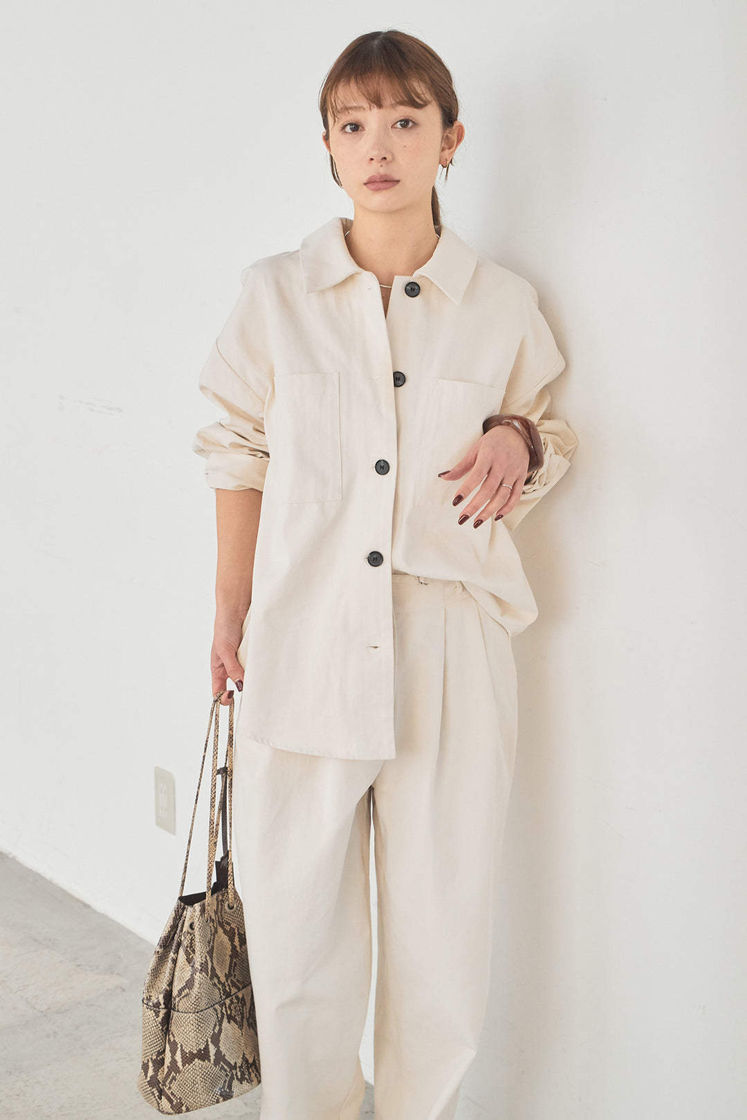 [SET]ツイルシャツジャケット+ツイルハイウエストタックパンツ(2set)