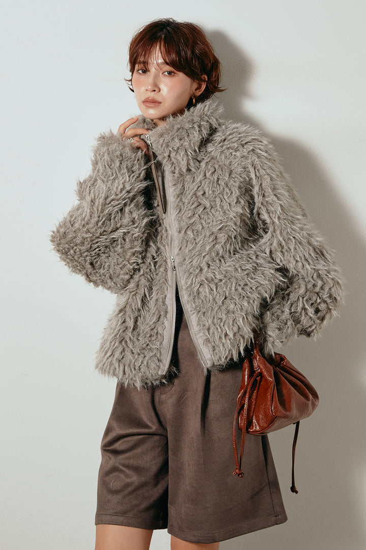 [SET]ミックスシープファースタンドブルゾン+フェイクスウェードハーフパンツ(2set)