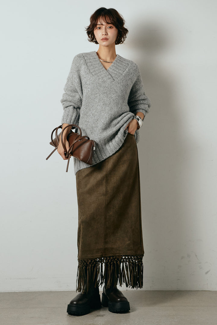 [SET]Vネックラメニットトップス+スウェードライク裾フリンジスカート(2set)