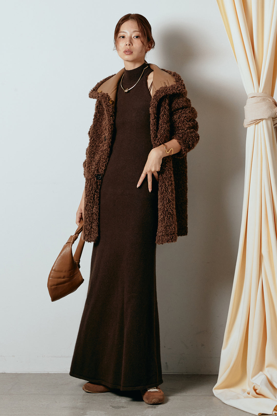 [SET]リバーシブルボアアウター+ノースリーブニットロングワンピース(2set)